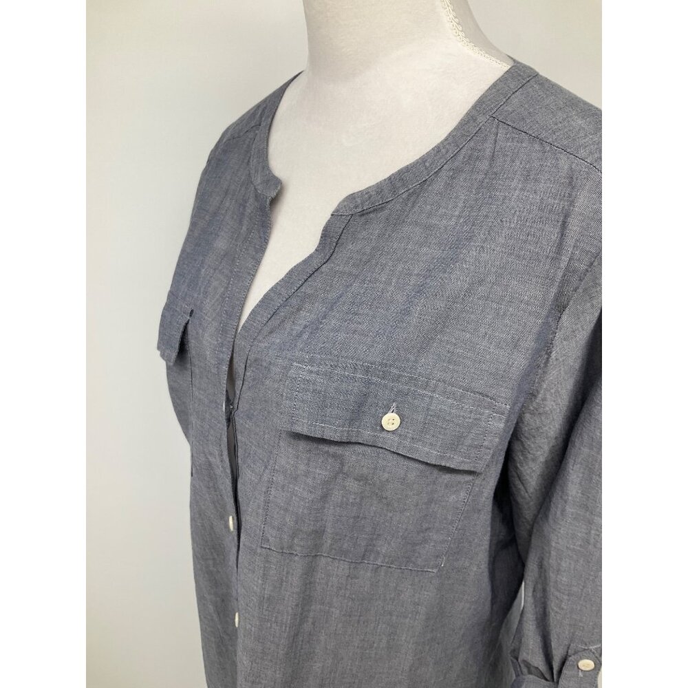 Ann Taylor LOFT size Medium Denim button-front long-sleeved lightweight top - Picture 3 of 11